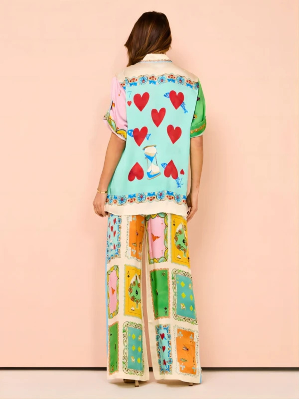 ZARA Stylish Unique Printed Short Sleeve Colorblock Vacation Drawstring Set